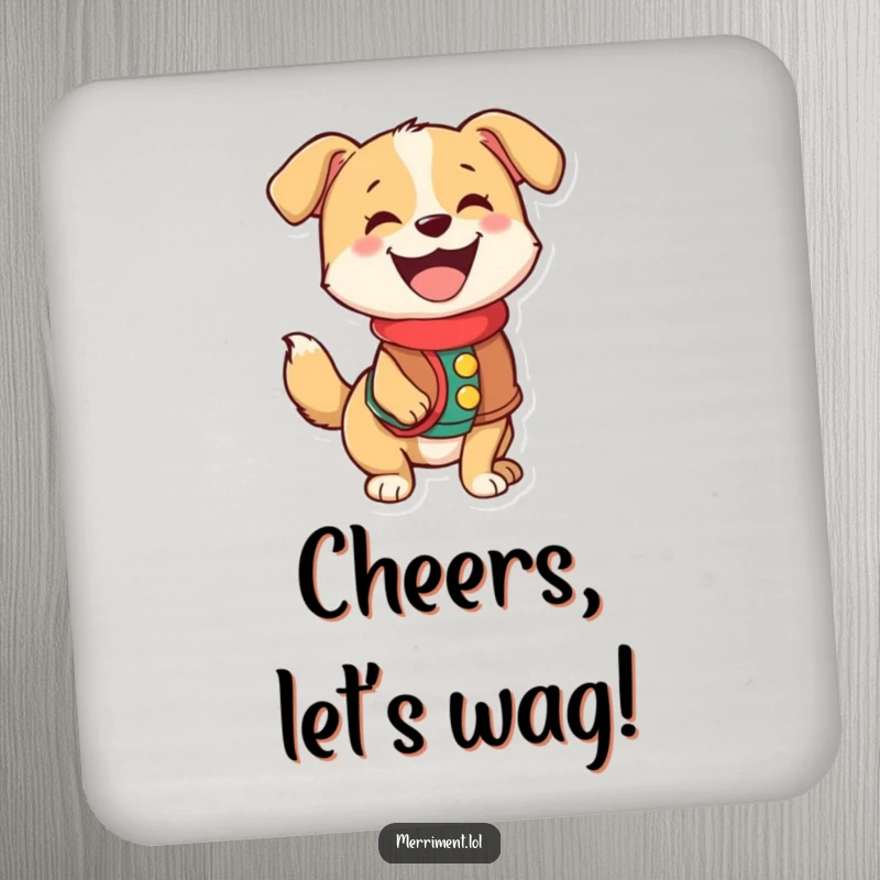 Funny drink coaster featuring a happy dog in a festive vest, its tail depicted in a rapid, joyful wag.
