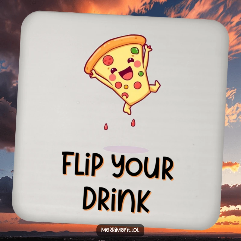 Funny pizza slice drink coasters showcasing a somersault, adding humor and protection to any drink setup.