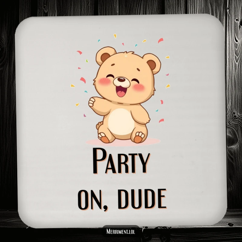 Funny drink coasters featuring a giggling bear cub tossing confetti, adding a touch of joy to any table.