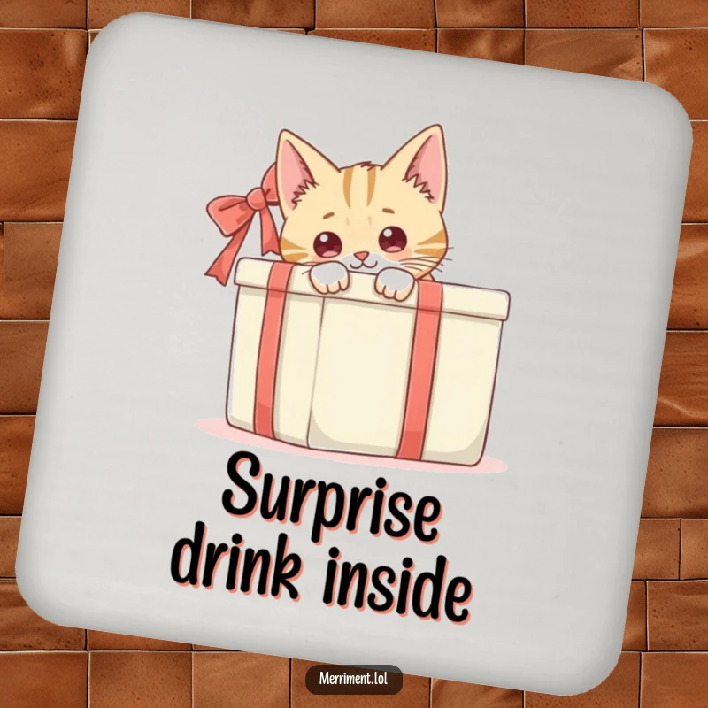 Funny cat peeking from behind a large gift box, a humorous design for drink coasters that adds playful character.