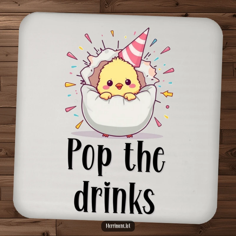 Funny chick drink coasters showing a fluffy bird peeking from an exploding party popper, offering festive and humorous surface protection.