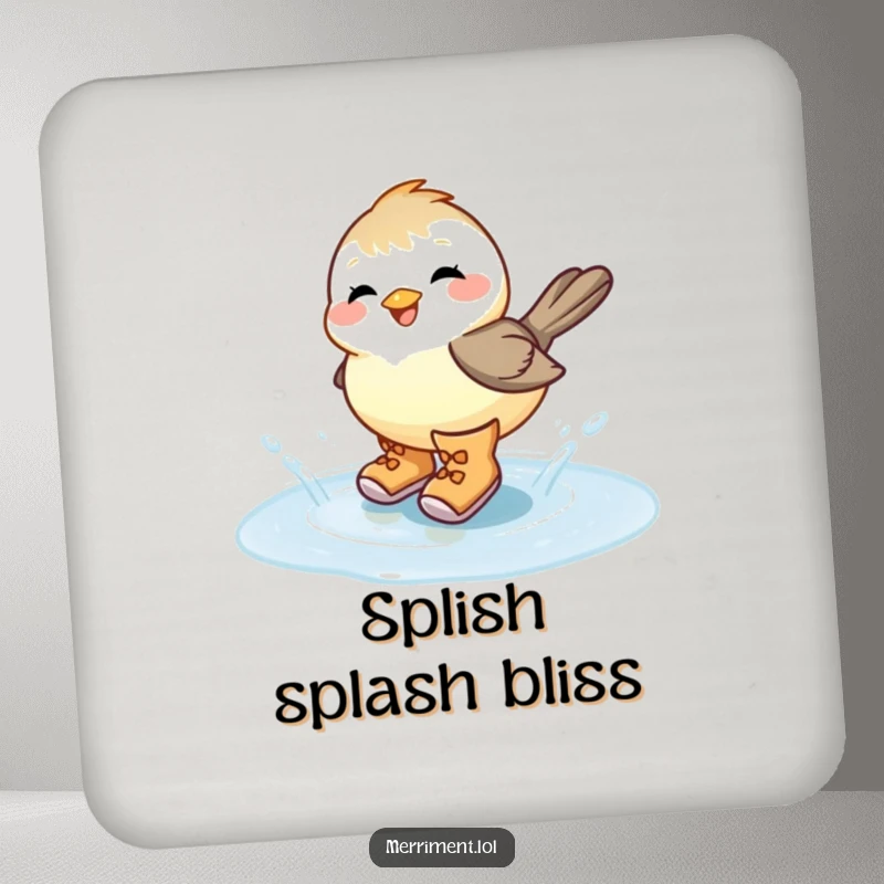 Funny chickadee wearing oversized boots, giggling as it splashes in a puddle, providing humorous protection for drinks.