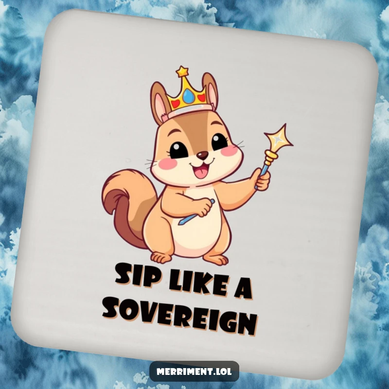 Funny coaster featuring a gleeful squirrel wearing a crown and holding a scepter, protecting surfaces with royal humor.