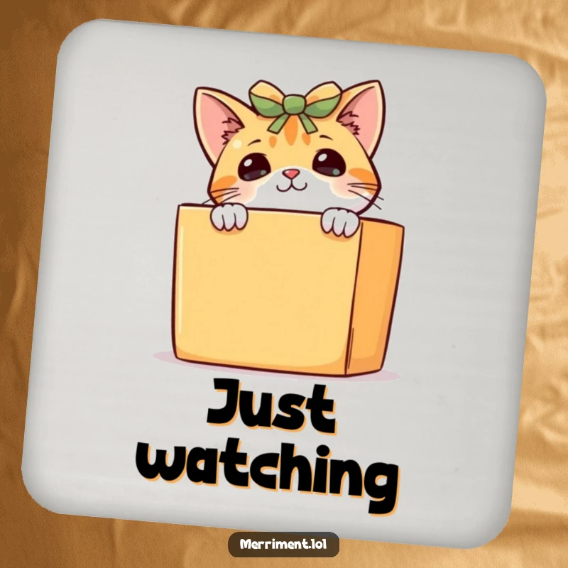Funny curious cat coasters, a playful kitten peeking from behind a gift box, protecting surfaces with charm.