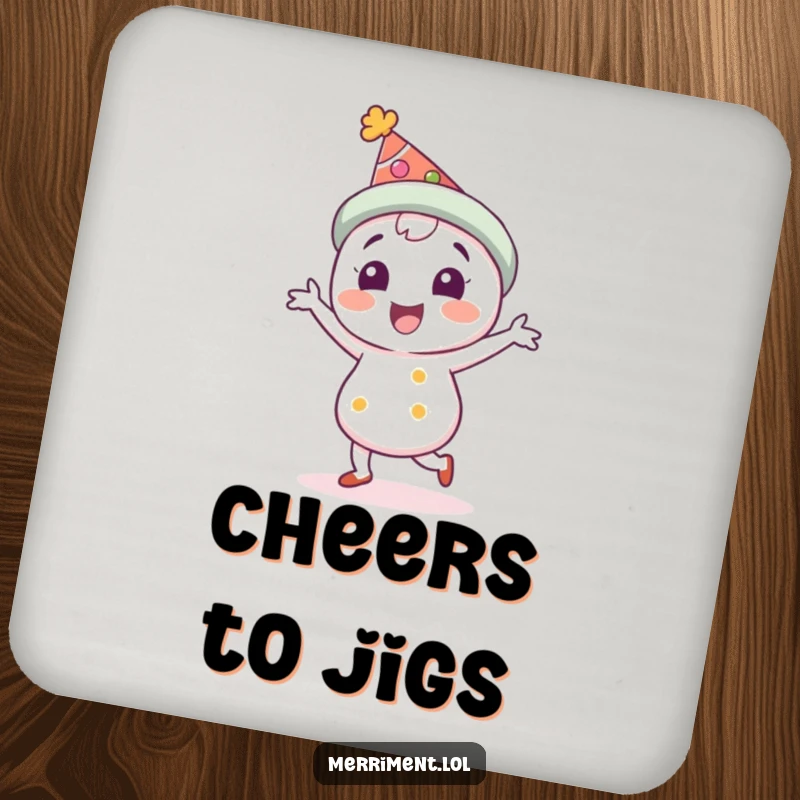 Funny Drink Coaster: A delighted character in a festive hat jigs. Protects surfaces with humor, a great funny gift.