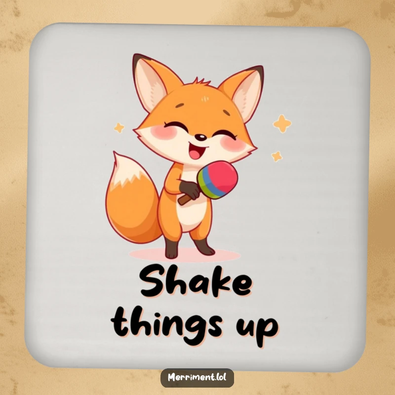Funny coaster set with a giggling fox dancing energetically and shaking maracas, adding a humorous touch to any table setting.