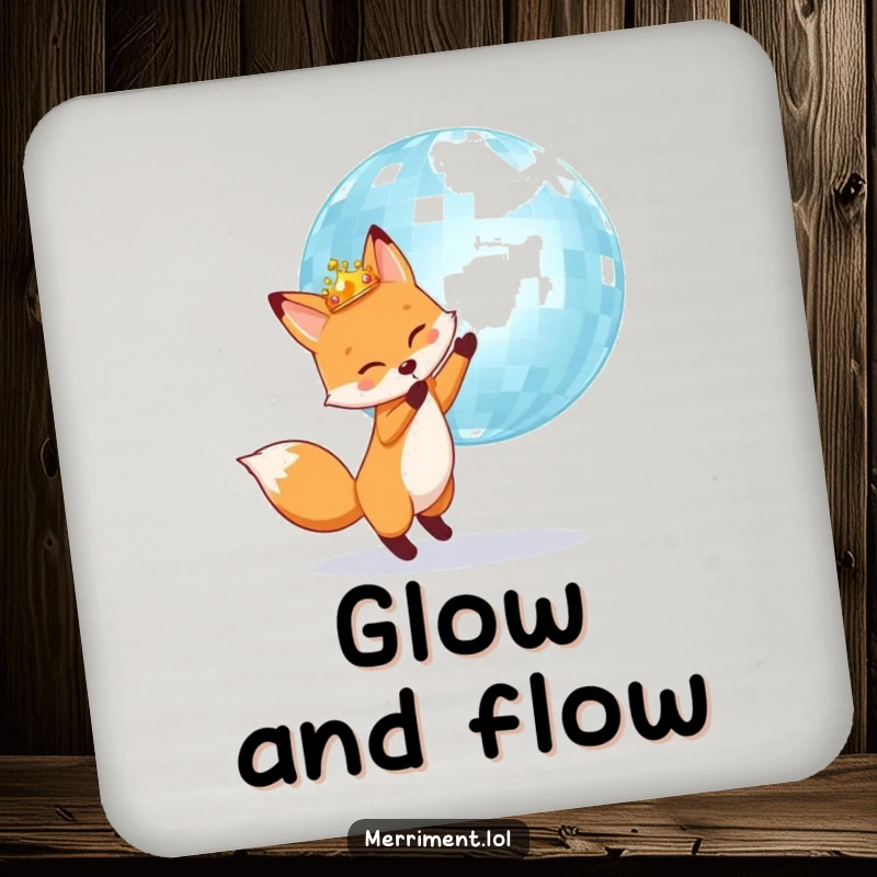 Fox wearing a crown bounces a giant shimmering disco ball, protecting surfaces on a durable drink coaster.