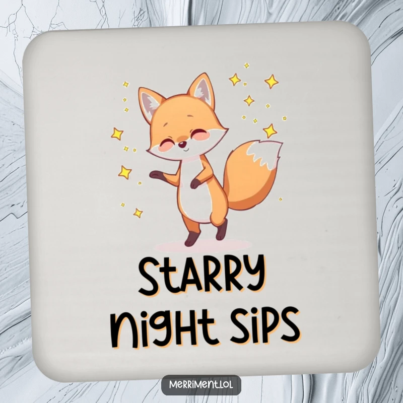 Funny coaster with a playful fox dancing with tiny, twinkling stars, adding whimsical and celestial protection to tables.