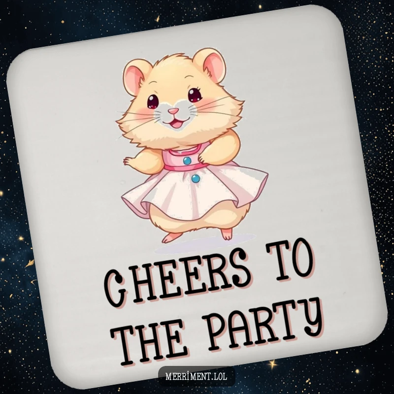 Funny hamster wearing a tiny party dress and twirling happily, a humorous design for drink coasters that adds festive character.