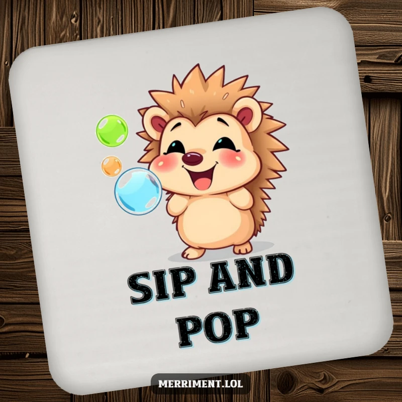 Funny hedgehog coaster, smiling character blowing bubbles, protecting surfaces with cheerful, bubbly charm.