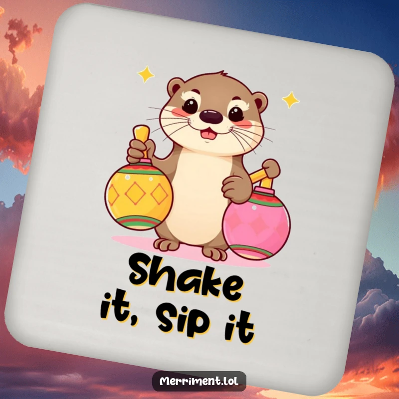 Funny drink coaster with a playful otter shaking large, colorful maracas, adding fiesta flair to tabletops.