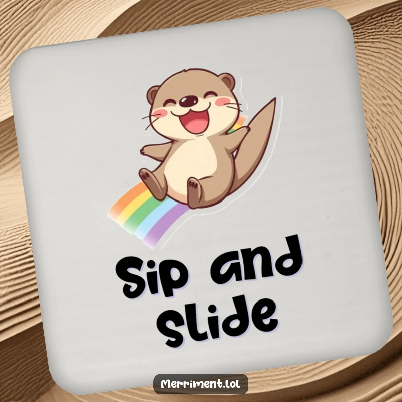 Funny coaster with a joyful otter sliding down a rainbow with a big smile, adding colorful and cheerful protection to tables.