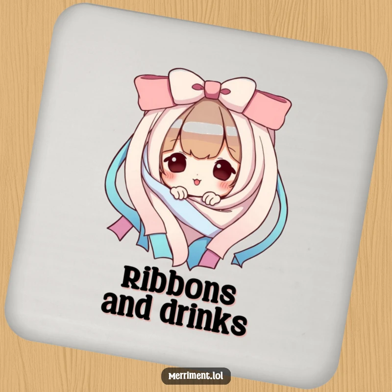 Funny Drink Coaster: A playful character peeks from behind ribbons. Protects surfaces with humor, a funny gift.