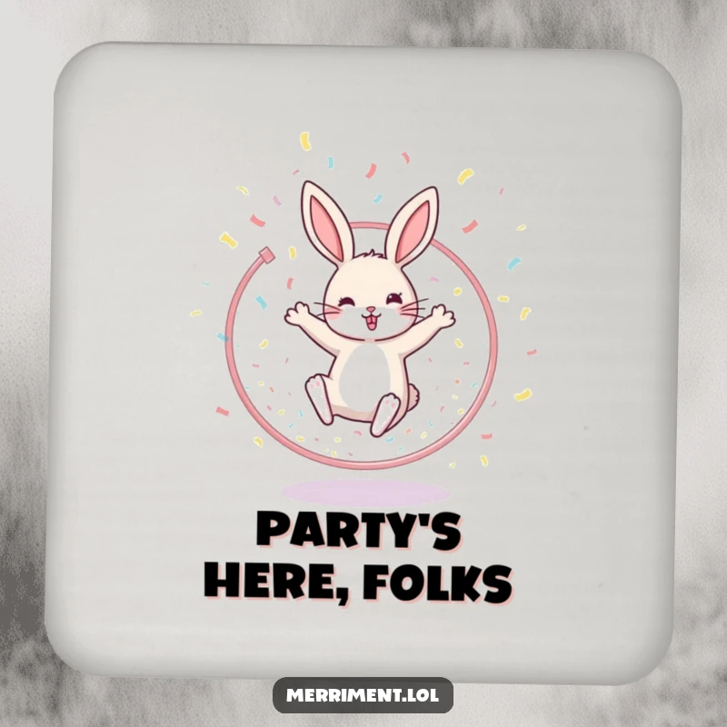 Funny coaster set depicting a cheerful rabbit leaping through a confetti-laden hoop, bringing joy to any drink setting.
