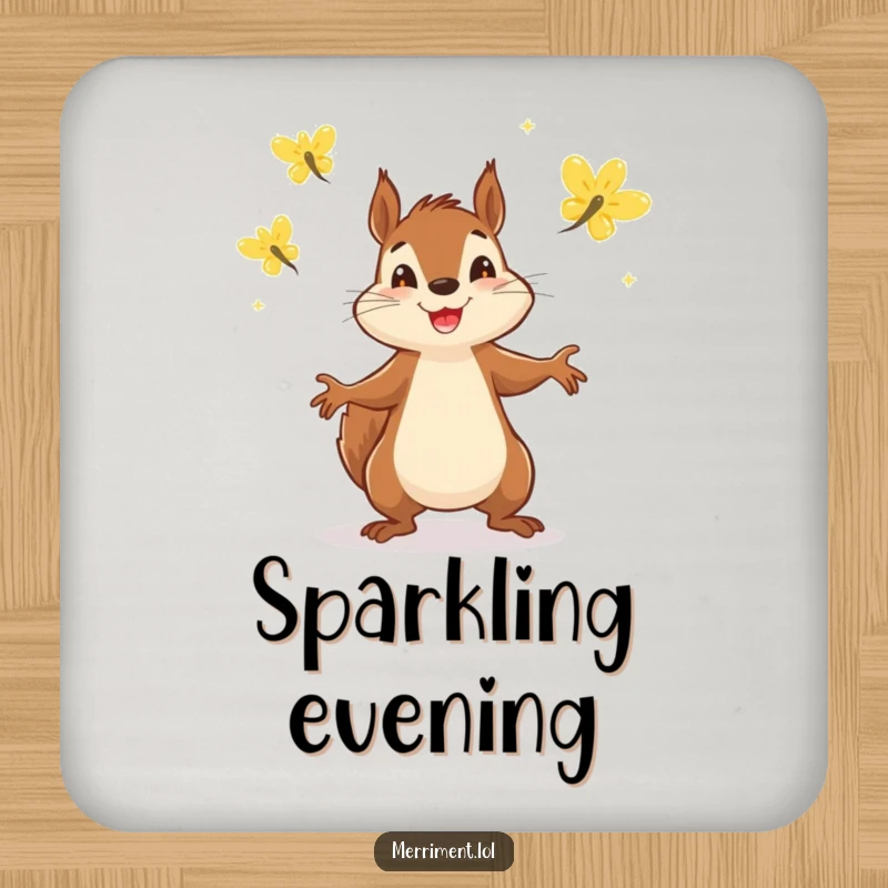 Funny coaster featuring a determined squirrel juggling three sparkling fireflies, a humorous way to protect furniture.