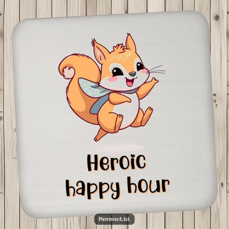 Funny drink coasters featuring a playful squirrel wearing a sparkly cape, leaping joyfully, perfect for any table.