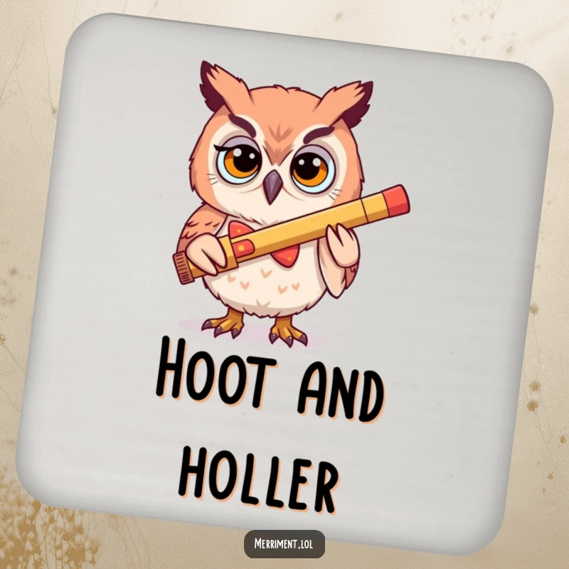 Funny coaster set depicting a determined owl in a silly bowtie playing a giant kazoo, adding a humorous, musical touch to any table.
