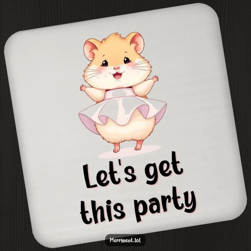 Funny hamster coasters, a fluffy hamster in a party dress, happily twirling, protecting surfaces with charm.