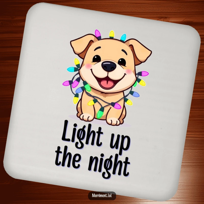 Funny dog coaster featuring a smiling dog wearing oversized fairy lights, protecting surfaces with festive charm and humor.
