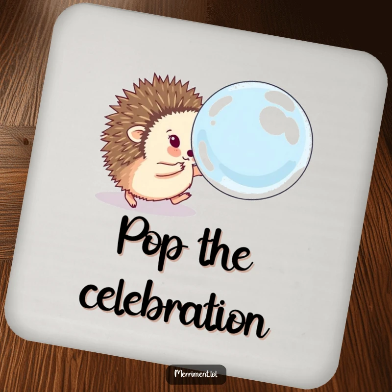 Funny hedgehog coaster featuring a fluffy animal eagerly chasing a comically large, bouncing soap bubble, protecting surfaces with playful humor.