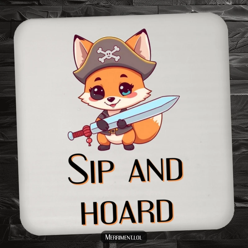 Funny drink coaster with a curious fox in a pirate hat, holding a giant lollipop sword, adding pirate flair to tabletops.
