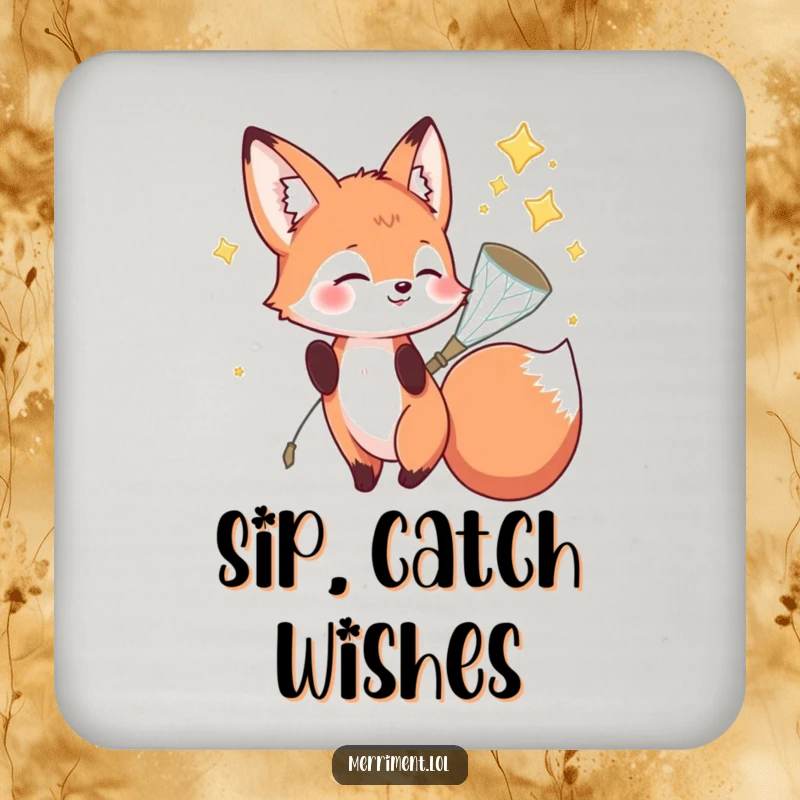 Funny fox coaster with a playful fox character catching falling stars in a sparkly net, protecting surfaces with humor.