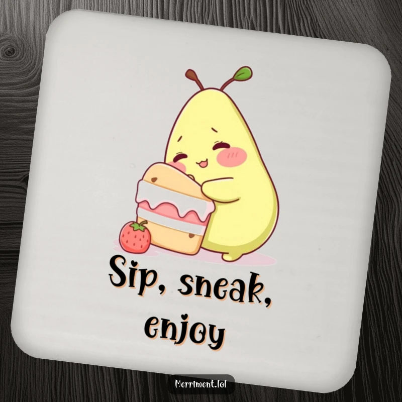 Funny drink coaster with a blushing pear character trying to sneak cake, offering surface protection with sweet and humorous art.
