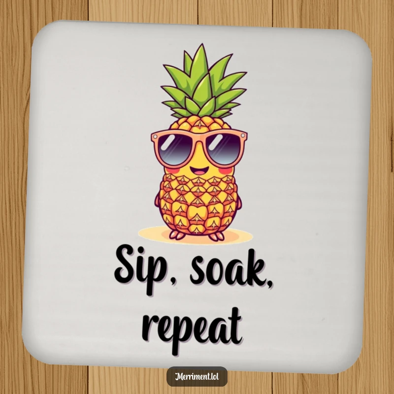 Funny cheerful pineapple drink coasters wearing oversized sunglasses at a beach, a humorous and tropical set.