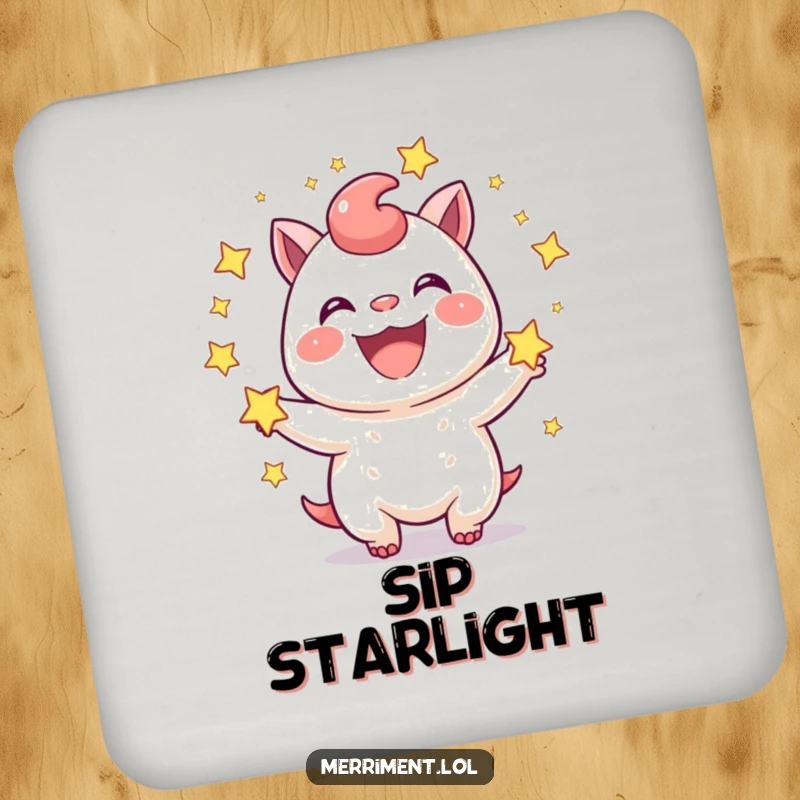 Funny Drink Coaster: A joyful creature juggles sparkling stars with a wide grin. Protects surfaces with humor, a funny gift.