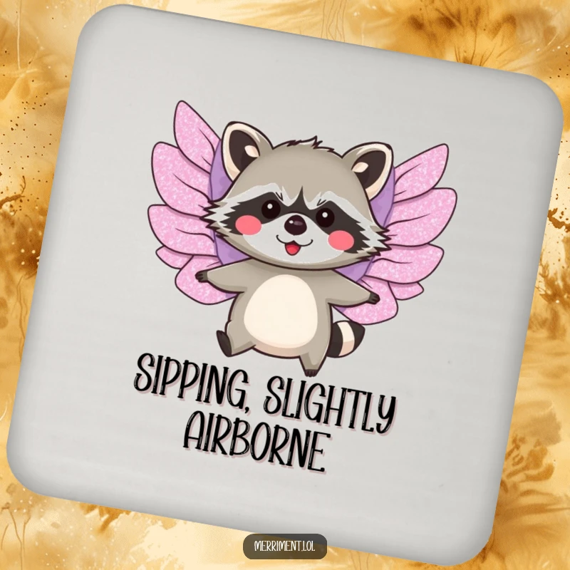 Funny coaster featuring a blushing raccoon with oversized, glittery paper wings attempting to fly.