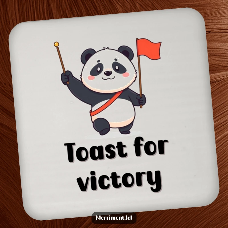 Funny Panda Coaster: A determined panda marches with a tiny flag and a proud grin, protecting your table.