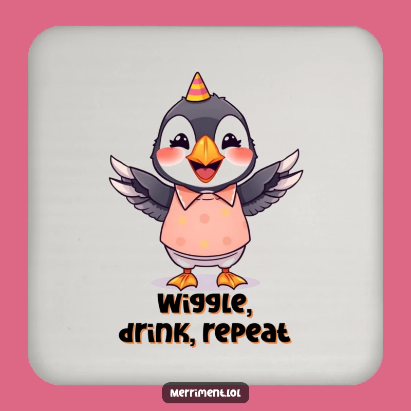 Funny Puffin Coaster: Grinning Party Puffin, Wiggling Wings, Festive Drink Accessory Gift