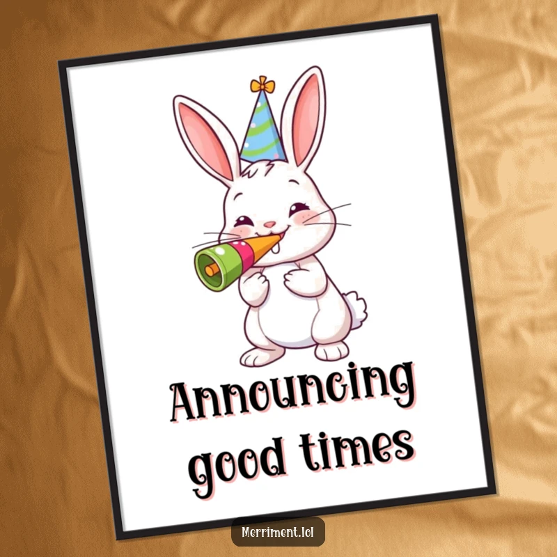 Funny poster of a cheerful bunny wearing a party hat and blowing a giant noisemaker, perfect for adding festive flair.