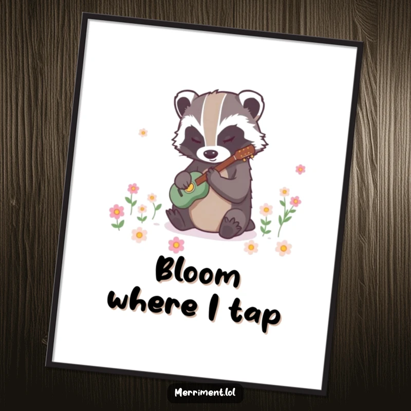 Funny badger poster depicting a determined creature tapping rhythmically to create instant flower blooms, adding whimsical charm to decor.