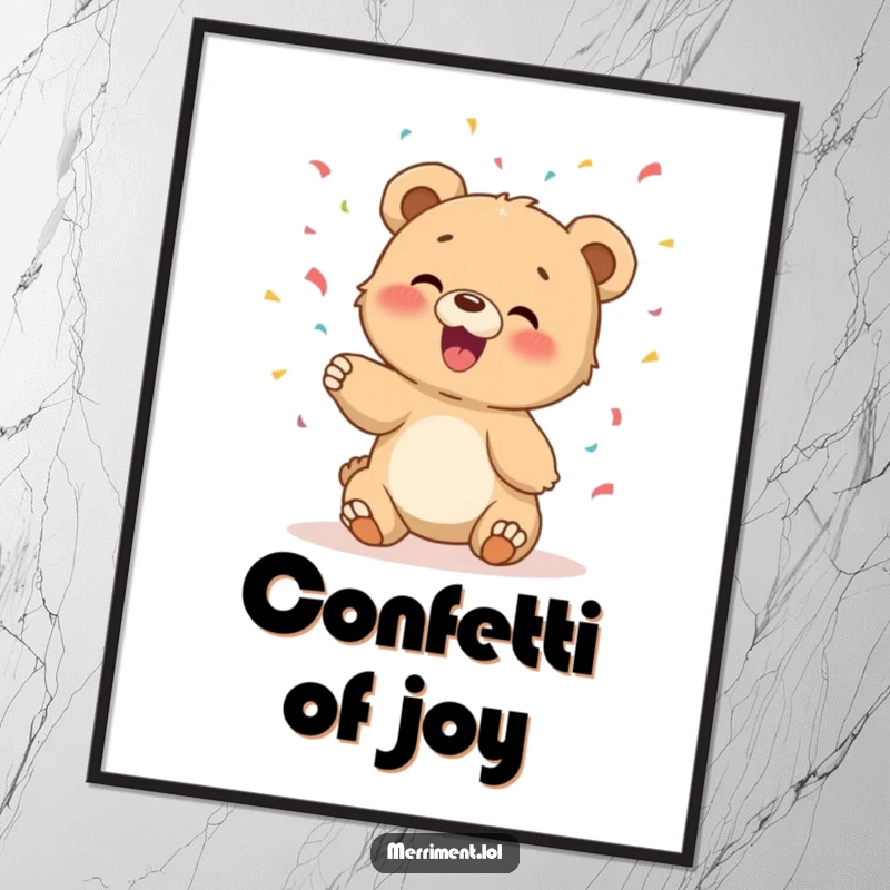 Funny art print of a giggling bear cub joyfully tossing confetti, adding a festive and cheerful atmosphere.