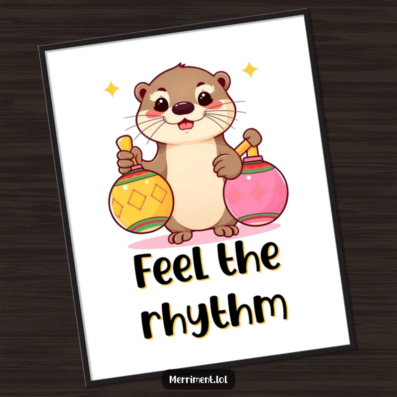 Funny poster art of a playful otter enthusiastically shaking oversized, colorful maracas, vibrant and energetic wall decor.