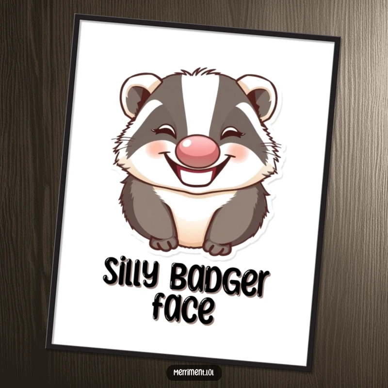 Funny badger wearing a red clown nose and making a silly face, creating humorous wall art for badger and clown enthusiasts.