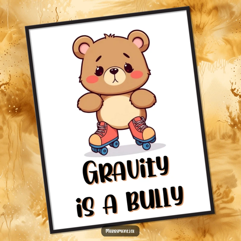 Funny poster art of a bewildered bear character hilariously trying to balance on roller skates, captured mid-wobble for maximum comedic effect.