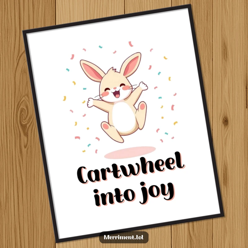 Funny poster of a happy bunny performing a cartwheel with confetti flying everywhere, creating a vibrant and joyful atmosphere.