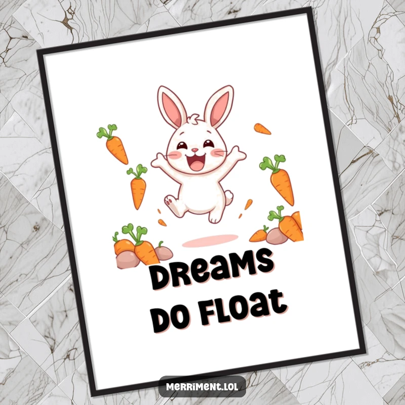 Funny poster art of a delighted rabbit character joyfully bouncing with excitement, with carrots whimsically floating around it in a vibrant display.