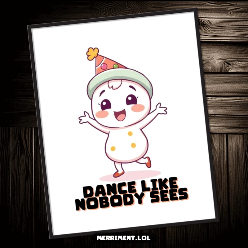 Funny Poster: A delighted character in a festive hat dances with pure joy. Perfect wall art and a funny gift.