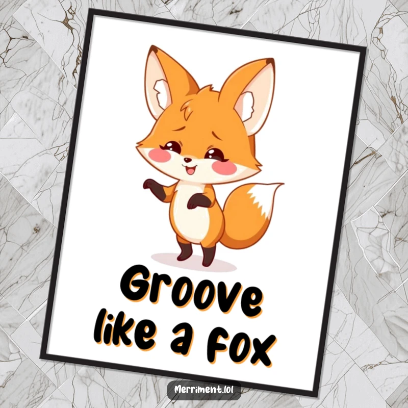 Smiling fox with two giant, floppy ears does a silly dance, displayed as wall art, radiating groovy, humorous, and energetic vibes.