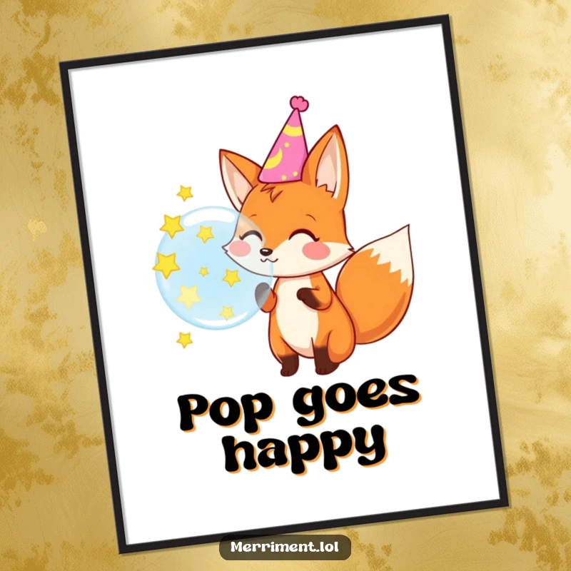 Funny poster art of a happy fox in a party hat blowing a bubble that explodes into twinkling stars, a festive scene.