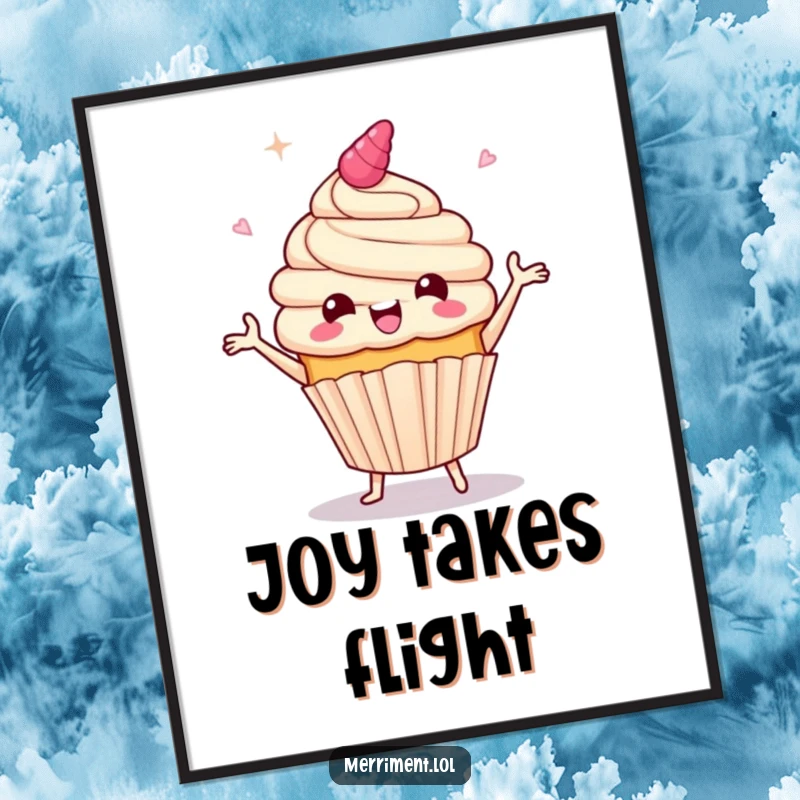 Funny poster print of a giddy cupcake character joyfully dancing a jig, with frosting dramatically spraying, a festive and humorous artwork.