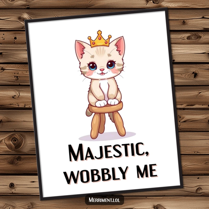 Funny poster art of a playful kitten wearing a tiny crown, masterfully balancing on a wobbly stool with adorable poise.