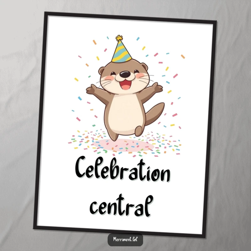 Funny happy otter wearing a party hat jumps joyfully in a pile of confetti, displayed as wall art, radiating festive, humorous, and celebratory vibes.