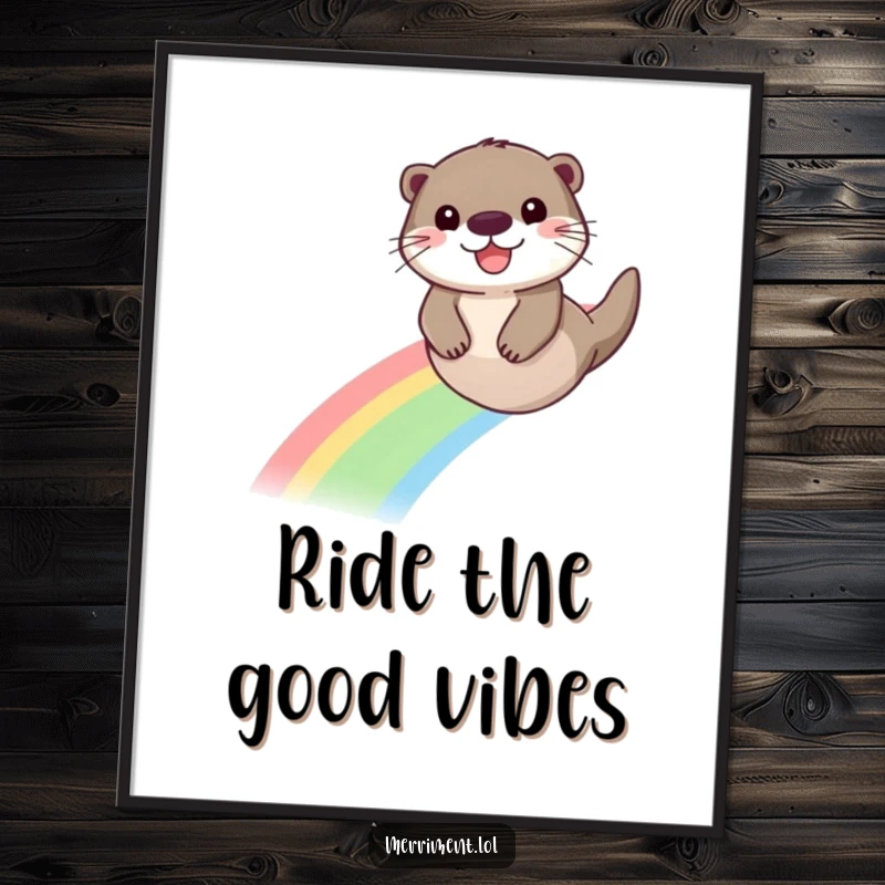 Funny poster art of a happy otter joyfully sliding down a colorful rainbow, depicting pure bliss and fun.