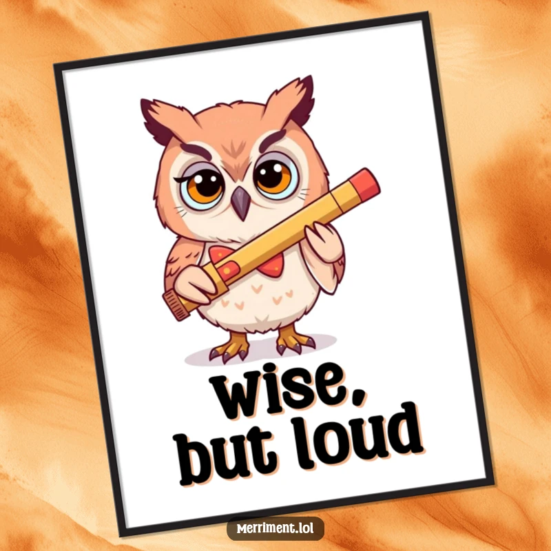 Funny poster art of a determined owl wearing a silly bowtie, actively playing a large kazoo with a focused yet comical expression.