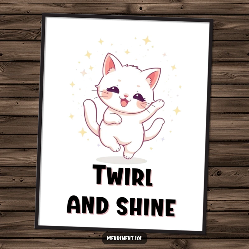 Funny cat poster featuring a radiant feline twirling with shimmering glitter falling, creating a dazzling and humorous visual.