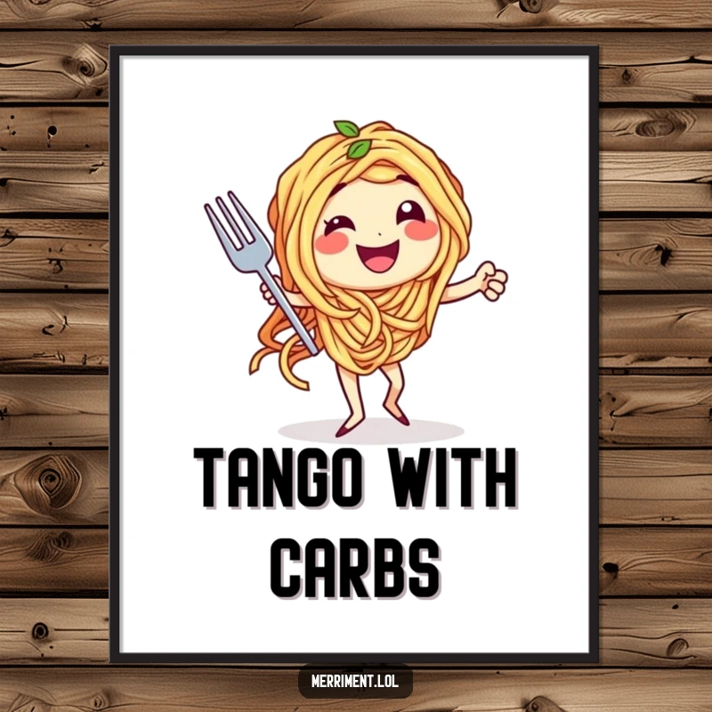 Funny poster print of spaghetti character performing a dramatic tango with a fork, a humorous and artistic culinary delight.